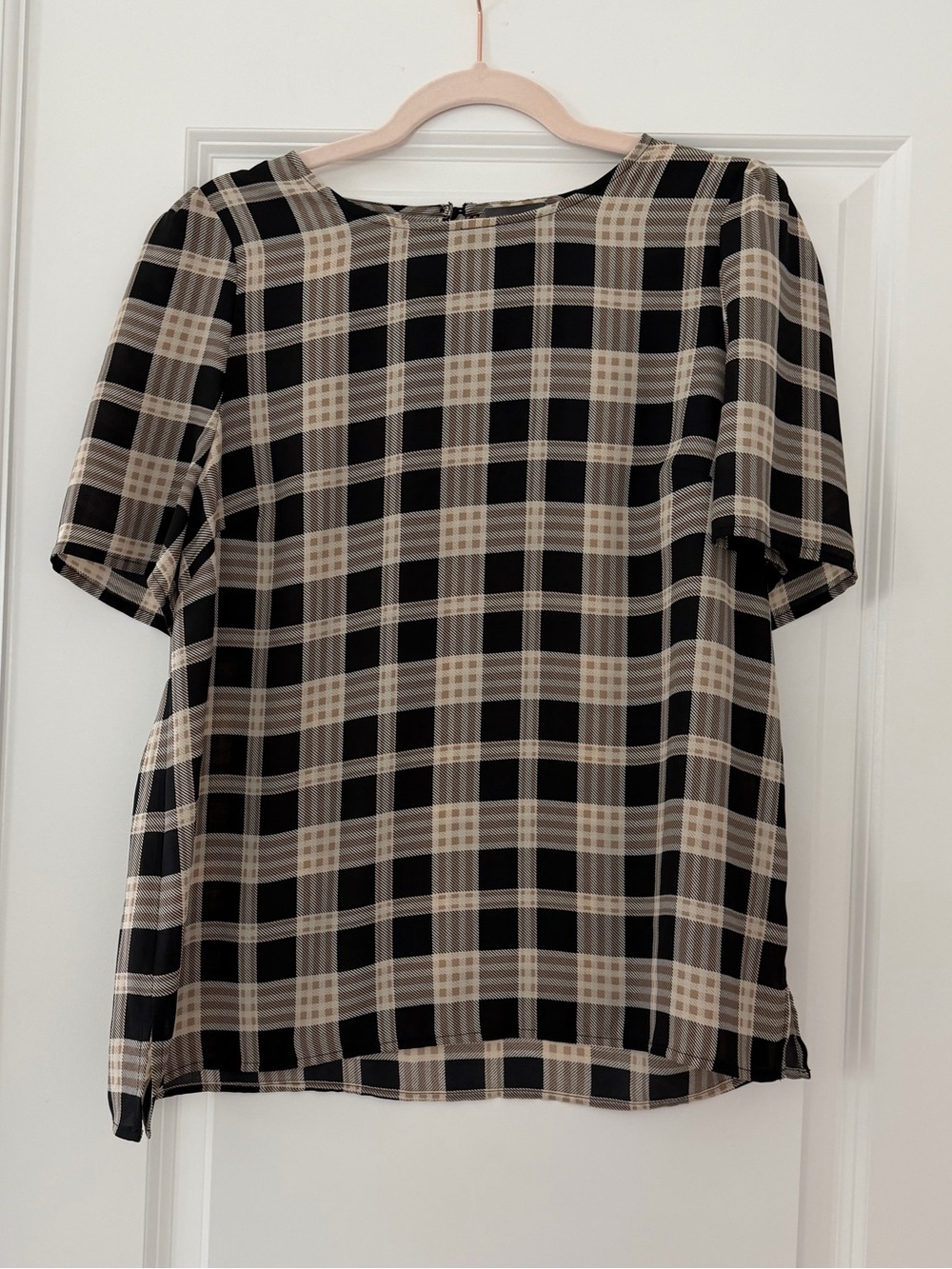 Vince Camuto Black and Cream Plaid Short-Sleeve Blouse